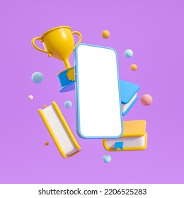 Phone mockup blank display, books and gold champion cup floating on purple background. Concept of online education and success. 3D rendering - Powered by Shutterstock