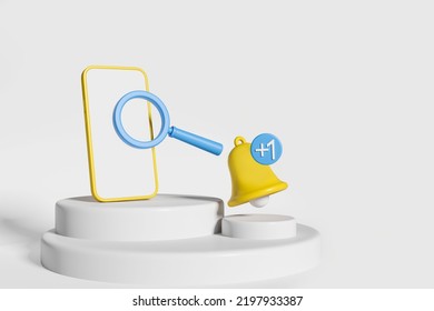 Phone Mockup Blank Screen With Yellow Bell On Podium, White Background. Magnifying Glass Searching For Information. Concept Of Missed Call And Notification. 3D Rendering