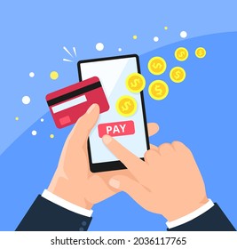 Phone Payment. Paying Online In Shopping App Checkout Page. Holding Smartphone With Credit Card. Mobile Banking, Money Transaction  Concept. Digital Commerce, Making Transaction