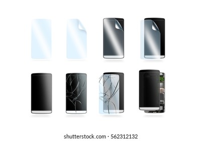 Phone Protection Icons Set, 3d Illustration. Smartphone Repair Graphics, Protective Films, Tempered Glass, Broken Screen, Cellphone Chip Isolated. Cell Accessiries Signs, Damaged Components