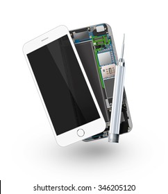 Phone repair icon isolated, chip, motherboard, processor, cpu and details. Smartphone component repairing. Cellphone mending. Telephone pcb, rom data. Broken device mending. Motherboard disassembled.