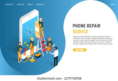 Phone repair service landing page website template. isometric smartphone with shattered screen and professional techs repairing cell phone screen.