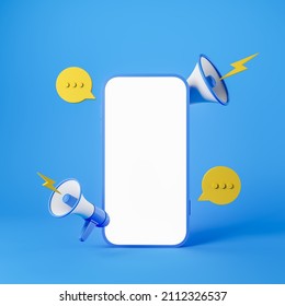 Phone Screen And Loudspeaker On Blue Background With Speech Bubble, Megaphone With Lightning, Advertising And Notification. Mock Up Display Copy Space, 3D Rendering