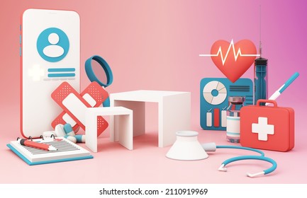 Phone Screen With Patient Id, Heart Disease And Heart Rate Treatments And Pills, Plaster, First Aid Box And Vaccine Bottles And Syringes. On Blue And Red Color In Concept Online Health Check 3d Render