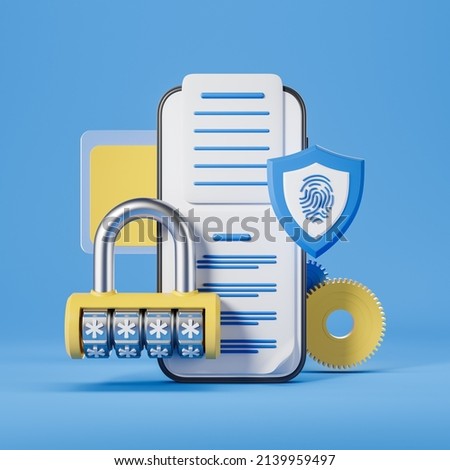 Phone screen with security data agreement document. Code lock with gears, shield with fingerprint. Concept of data, access and cybersecurity. 3D rendering