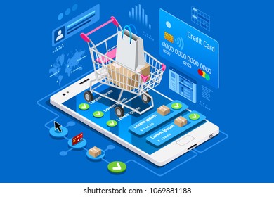 Phone Shop With Credit Card On Ecommerce Interface. Can Use For Web Banner, Infographics, Hero Images. Flat Isometric Illustration Isolated On Blue Background.