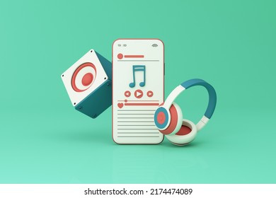 Phone Surrounded By Speakers, Headphones, Smart Phone With Song Play List And Music Key Note Isolated On Pastel Background. 3d Rendering