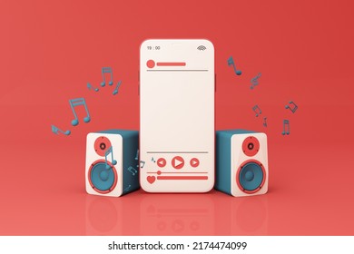 Phone Surrounded By Speakers, Headphones, Smart Phone With Song Play List And Music Key Note Isolated On Pastel Background. 3d Rendering