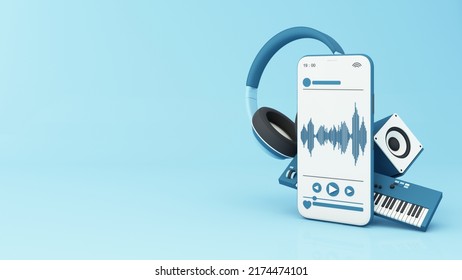 Phone Surrounded By Speakers, Headphones, Smart Phone With Song Play List And Music Key Note Isolated On Pastel Background. 3d Rendering