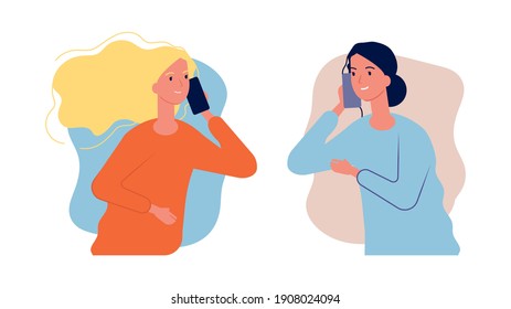 Phone talk. Women girlfriends have conversation. Call center help, girl need to talk. Mother and daughter cellphone dialog, parent care illustration - Powered by Shutterstock