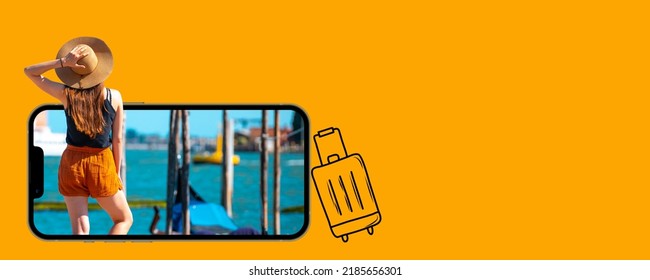 The Phone With The Woman Peeking Out Of The Photo On An Orange Background