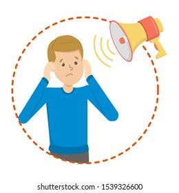 Phonophobia As A Symptom Of Migraine. Stress From Loud Noisy Sound. Noise Pollution. Man Cover Ears.  Illustration In Cartoon Style