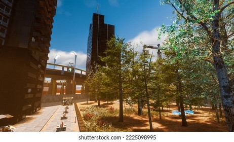 Photo Of A 3D Representation Of A Futuristic City. A Balance Between Pollution And Protection Of The Natural Environment 3d Render