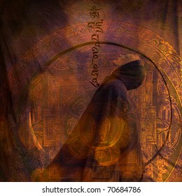 Photo basedillustration of a cloaked woman with the tibetan prayer Om Mani Padme Hum.