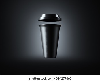 Photo Black Plastic Take Away Coffee Cup. Isolated On The Dark Background. Ready For Business Info. Front View. Horizontal Mockup. 3d Rendering