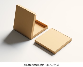 Photo Blank Craft Paper Open Pizza Box On White Background. Horizontal Mockup. 3d Render