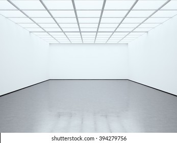 Photo Blank White Empty Room Contemporary Gallery. Modern Open Space Expo With Concrete Floor. Place For Business Information. Horizontal Mockup. 3d Render