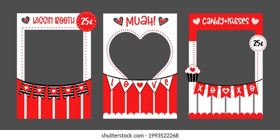 Photo booth props frame for Valentines Day and wedding party. Marriage or Love celebration. Candy and kisses booth. Giant cut out design. Red and white photo frame. Selfie photobooth. 