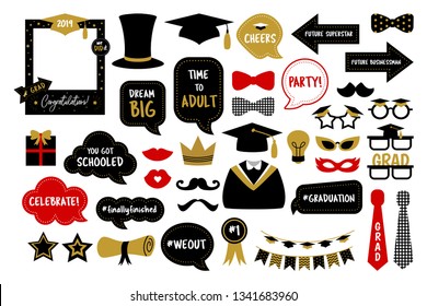 Photo Booth Props For Graduation Party. Hat, Cap, Tie, Glasses, Diploma For Those Who Graduate From School Or College. Photobooth Set In Gold And Black Colors. Congrats Grad With Funny Quotes. 