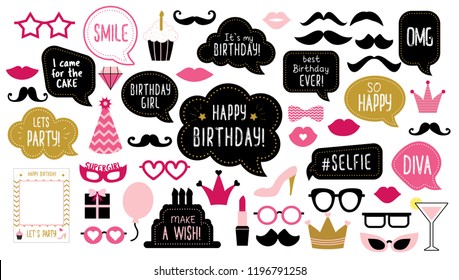 Photo booth props set for birthday party. Happy birthday. Mustache, funny phrases, glasses, lips, crown, cake for anniversary. Bubble speech. Photobooth elements. 