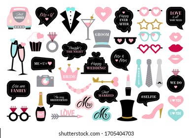 Photo booth props for wedding party. Speech bubbles with text happy wedding, just married, we do. Black and pink photobooth - glasses, hat, crown, car, cake, arrow, lips, champagne. - Powered by Shutterstock