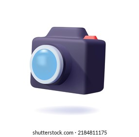 Photo Camera. 3d Icon. Photocamera With With Lens And Button Render Icon. Camera Symbol For Your Web Site Design, Logo, App, UI. Illustration. Modern Polaroid Icon 3D Render