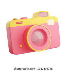 Photo camera 3d render illustration. Pink and yellow compact digital photocamera with lens and flash isolated on white background. Photography or movie capture equipment.
