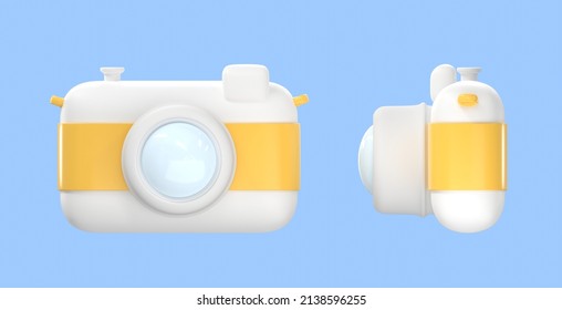Photo camera front and side view, 3d render. Children digital camera with lens and buttons, cartoon gadget or volumetric toy. Colorful device for creative photos and hobby isolated on blue background