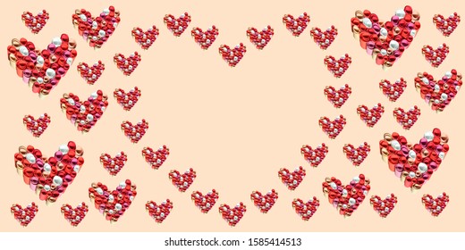 Photo Collage Of Multiple Hearts Made Of Little Paper Rolls Arranged In Heart Shape. Greeting Card Template.