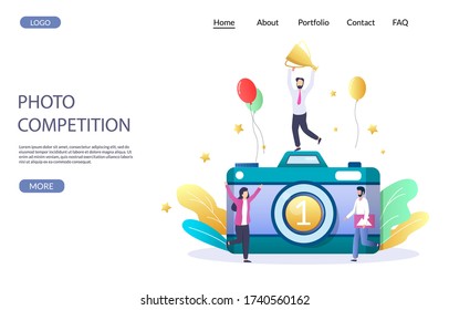 Photo Competition Website Template, Web Page And Landing Page Design For Website And Mobile Site Development. Photography Contest Winner Micro Male Character With Cup Standing On Huge Camera.