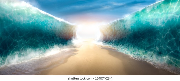 Photo composite of the ocean opening up to form a canal, inspired by the bible event of moses parting the red sea.