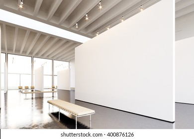 Photo exposition modern gallery. Huge white empty canvas hanging contemporary art museum.Interior industrial style with concrete floor,spotlight,generic design furniture and building. 3d rendering - Shutterstock ID 400876126
