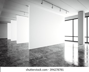 Photo Exposition Modern Gallery,open Space. Blank White Empty Canvas Contemporary Industrial Place.Simply Interior Loft Style With Concrete Floor,panoramic Windows. Black,white. 3d Render