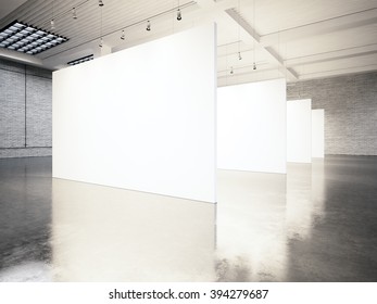 Photo Exposition Modern Gallery,open Space. Blank White Empty Canvas Contemporary Industrial Place.Simply Interior Loft Style With Concrete Floor,bricks Walls.Place For Business Information. 3d Render