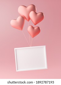 Photo Frame Flying With Love Heart Ballon Mockup Template 3D Rendering