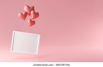 Photo Frame Flying With Love Heart Ballon Mockup Template Copy Space 3D Rendering