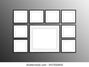 Photo frames collection isolated on black wall, nine  realistic  frameworks collage, 3d illustration, interior decor mock up