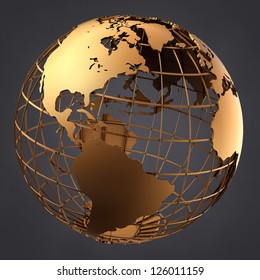 A Photo Of A Gold Globe On A Dark Grey Background.