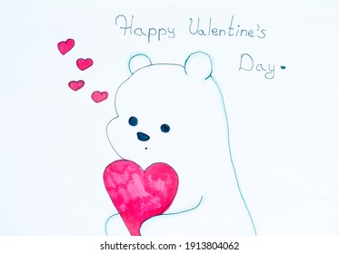 photo of a hand-drawn drawing of a bear with hearts, happy Valentin's day