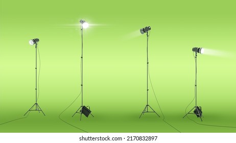 Photo Lighting. Professional Photo Studio Strobe Light Isolated On Green Background. Realistic Spotlight 3D. Photo Studio And Stage Light. 3D Illustration