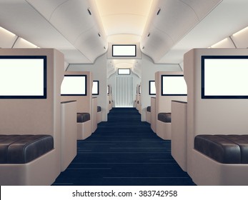 Photo Of Luxury Airplane Interior, First Class. Blank Digital Panels Holding. Empty Space. Horizontal Mockup. 3d Render