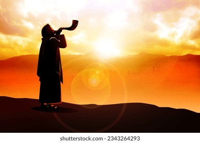 Photo manipulation of Jewish man blowing the Shofar ram’s horn on Rosh Hashanah and Yom Kippur day - Powered by Shutterstock