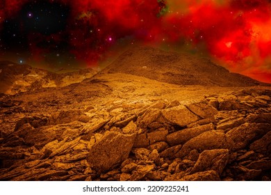 Photo Montage That Recreates An Alien Golden Landscape In A Extraterrestrial Planet. Fantasy Image Of Mountains From Another Planet Under A Red Space Sky With Nebulas