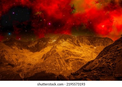 Photo Montage That Recreates A Mountainous Landscape On An Alien Planet. Fantasy Image Of Mountains From Another Planet Under A Red Space Sky With Stars And Nebulas