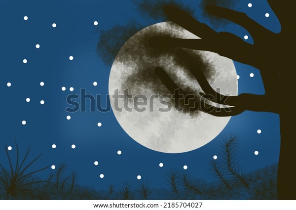 The\
photo of moon and tree drawing at the night. In this photo\
grass,tree,moon,leaves,stars and plants are\
shown