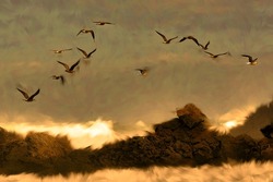 Photo Painting, Illustrated Photo With Oil Painting Effect. Seagulls Flying, Seagulls At Sunset, Seascape, Coastline,
