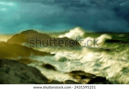 Photo painting, illustrated photo, with relief oil painting effect,  stormy sea in Cabo A Frouxeira, A Coruña, Galicia, Spain,