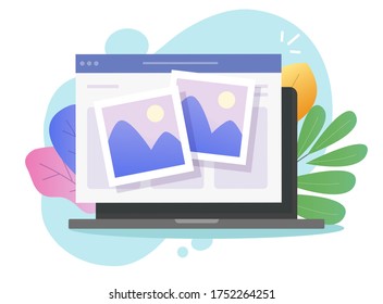 Photo Picture Online Album And Digital Gallery Watching On Website Or Internet Electronic Photography Images Files On Pc Laptop Computer Network Flat Cartoon Illustration Image