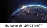 Photo of planet earth on black background at night, Turkey, Europe and Middle East City Lights from space, world map at night, 4K Satellite view.