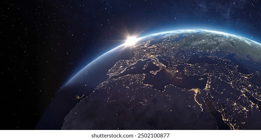 Photo of planet earth on black background at night, Turkey, Europe and Middle East City Lights from space, world map at night, 4K Satellite view.